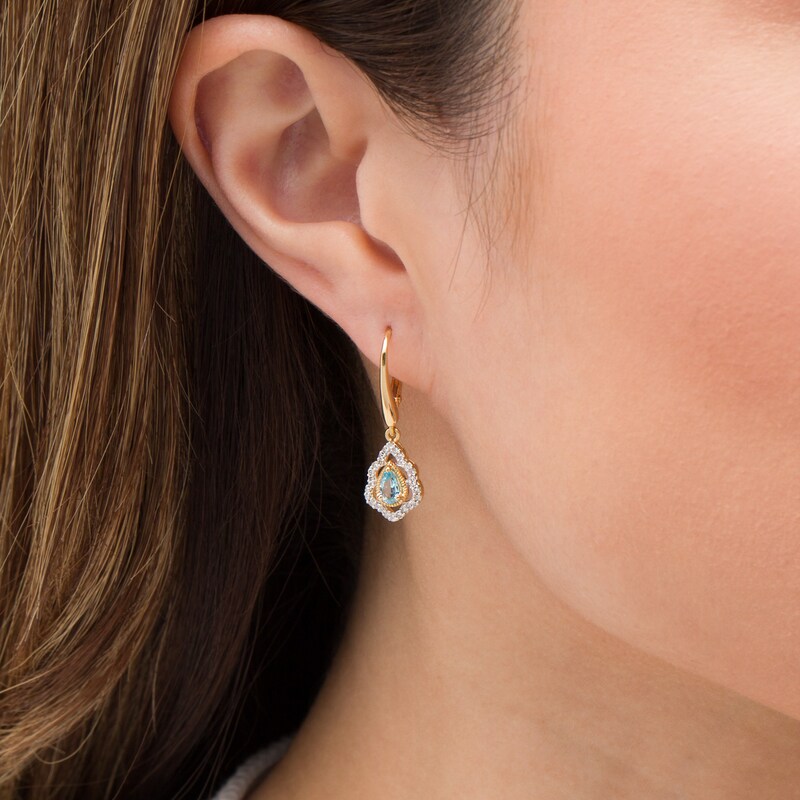 Main Image 2 of Pear-Shaped Swiss Blue Topaz and 0.18 CT. T.W. Diamond Scallop Frame Ornate Drop Earrings in 10K Gold