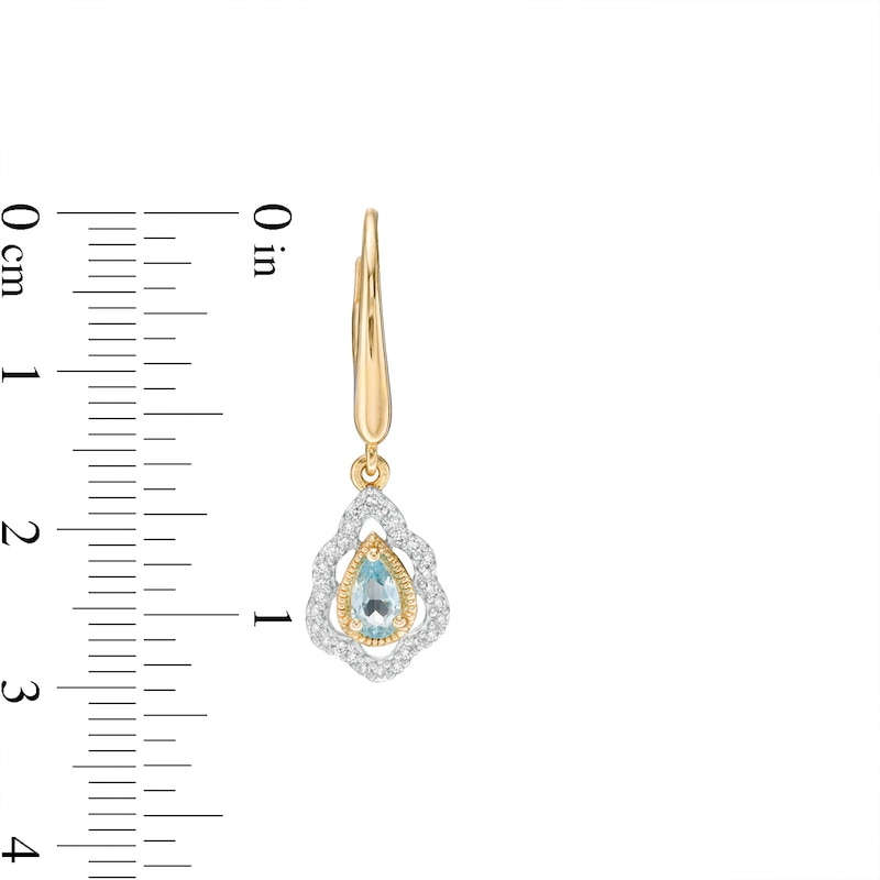 Main Image 3 of Pear-Shaped Swiss Blue Topaz and 0.18 CT. T.W. Diamond Scallop Frame Ornate Drop Earrings in 10K Gold