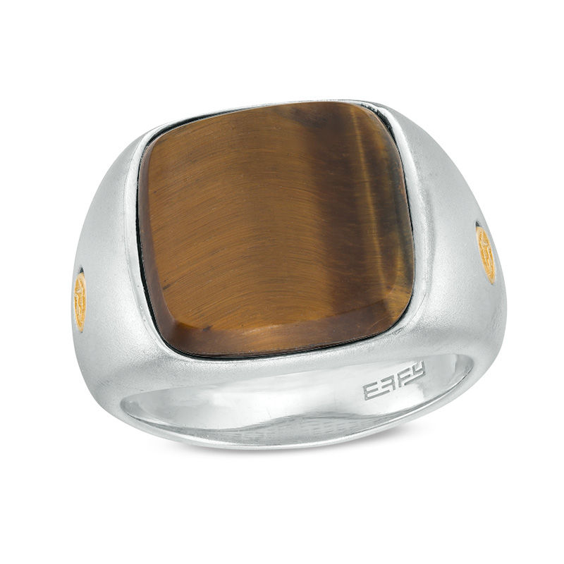 EFFY™ Collection Men's Cushion-Cut Tiger's Eye Panther Side Accent Signet Ring in Sterling Silver and 18K Gold