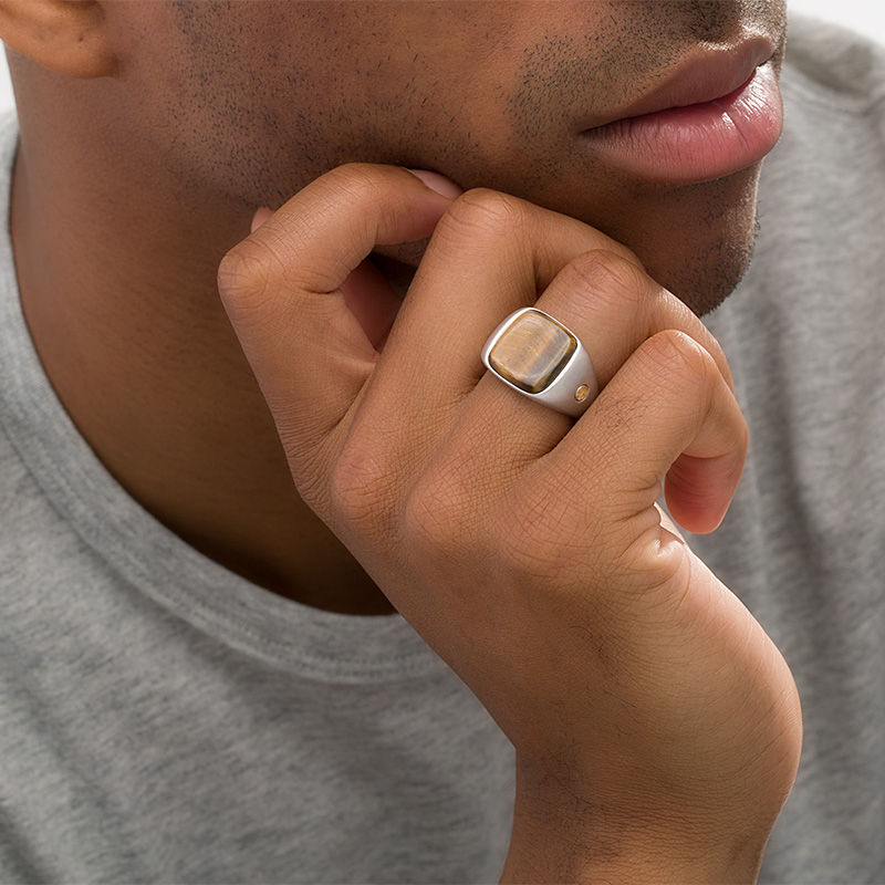 EFFY™ Collection Men's Cushion-Cut Tiger's Eye Panther Side Accent Signet Ring in Sterling Silver and 18K Gold