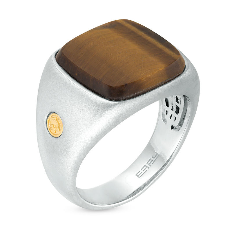 EFFY™ Collection Men's Cushion-Cut Tiger's Eye Panther Side Accent Signet Ring in Sterling Silver and 18K Gold