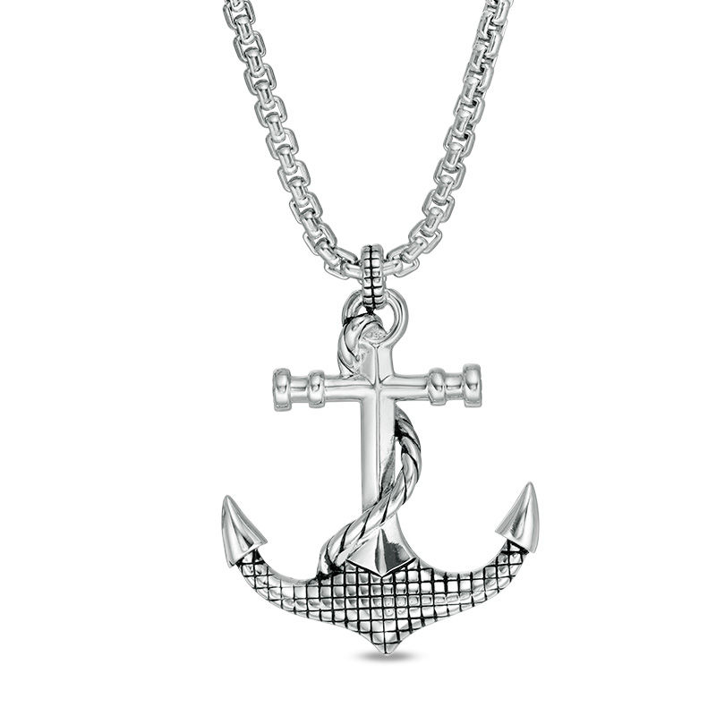 EFFY™ Collection Men's Grid Pattern and Rope Accent Anchor Pendant in Sterling Silver - 22"|Peoples Jewellers