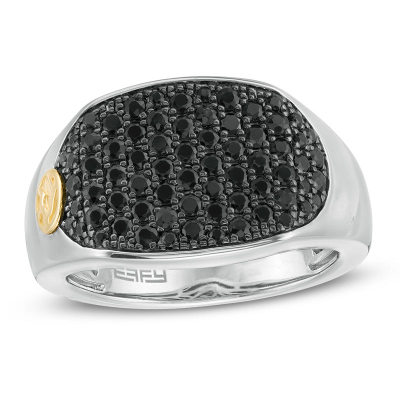 EFFY™ Collection Men's Black Spinel Panther Accent Signet Ring in Sterling Silver and 14K Gold