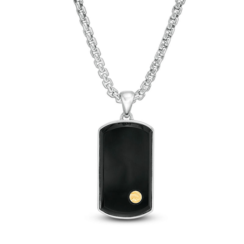 EFFY™ Collection Men's Rectangle Onyx Bevelled Edge Panther Accent Dog Tag Pendant in Sterling Silver and 18K Gold - 22"