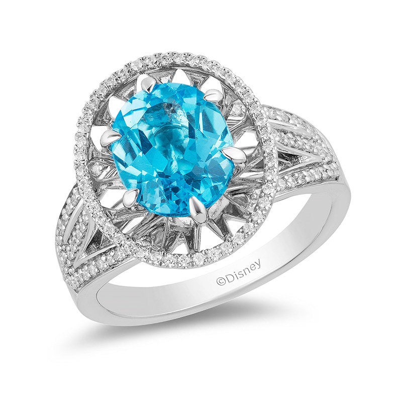 Enchanted Disney Aladdin Oval Swiss Blue Topaz and 0.23 CT. T.W. Diamond Frame Split Shank Ring Sterling Silver