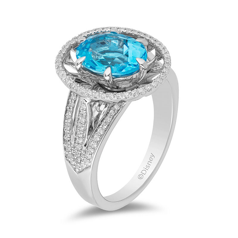 Enchanted Disney Aladdin Oval Swiss Blue Topaz and 0.23 CT. T.W. Diamond Frame Split Shank Ring in Sterling Silver