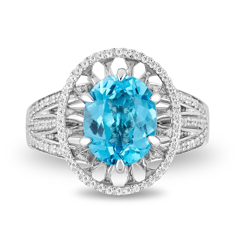 Enchanted Disney Aladdin Oval Swiss Blue Topaz and 0.23 CT. T.W. Diamond Frame Split Shank Ring Sterling Silver