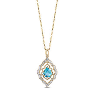 Enchanted Disney Aladdin Pear-Shaped Swiss Blue Topaz and 0.08 CT. T.W. Diamond Arabesque Frame Pendant in 10K Gold
