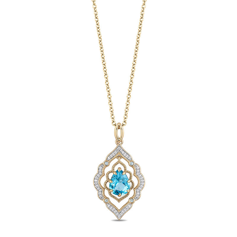 Enchanted Disney Aladdin Pear-Shaped Swiss Blue Topaz and 0.08 CT. T.W. Diamond Arabesque Frame Pendant in 10K Gold|Peoples Jewellers