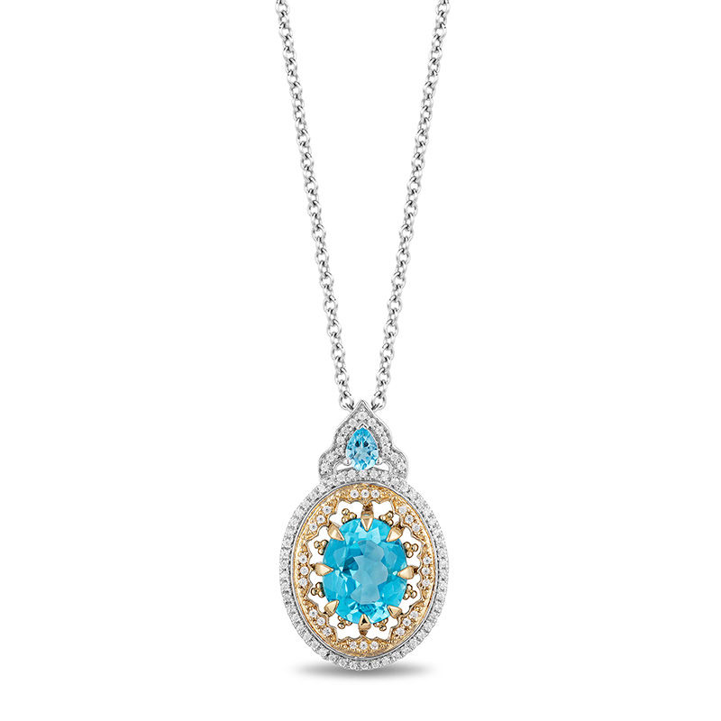 Enchanted Disney Aladdin Oval Swiss Blue Topaz and 0.18 CT. T.W. Diamond Frame Pendant in 10K Two-Tone Gold - 19"