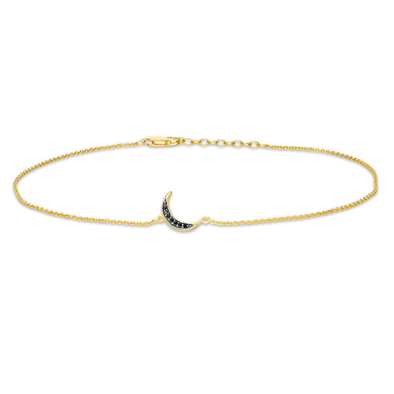 Black Diamond Accent Crescent Moon Anklet in Sterling Silver with 14K Gold Plate - 10"