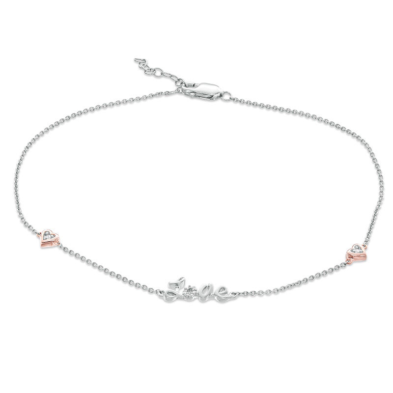 0.04 CT. T.W. Diamond "Love" with Hearts Station Anklet in Sterling Silver and 10K Rose Gold Plate - 10"|Peoples Jewellers