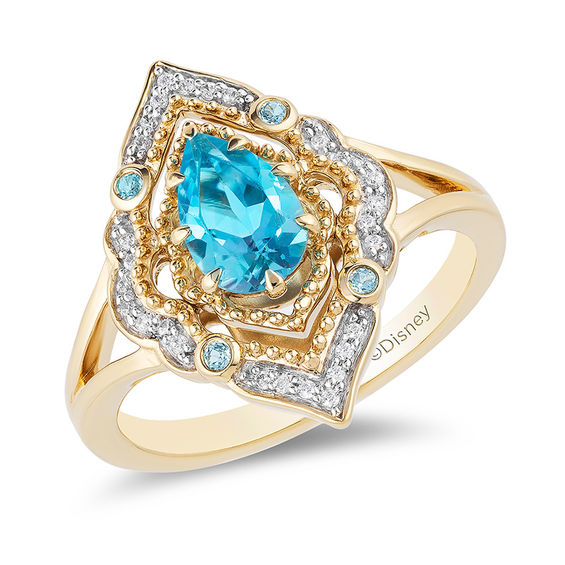 Enchanted Disney Aladdin Pear Shaped Swiss Blue Topaz and 0.089 CT. T.W. Diamond Arabesque Frame Ring in 10K Gold Peoples Jewellers