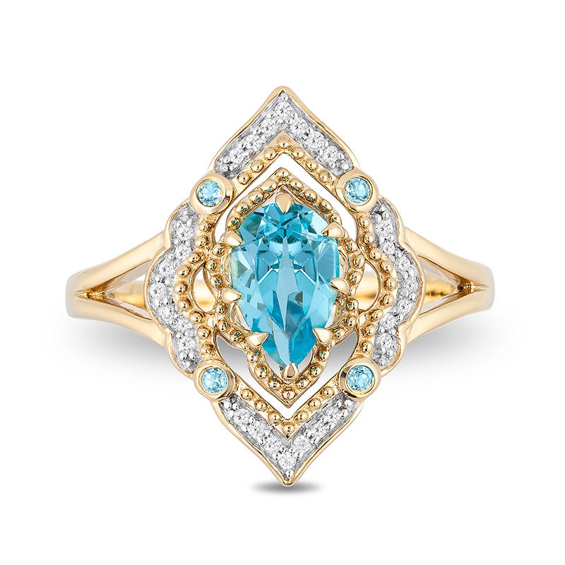 Enchanted Disney Aladdin Pear-Shaped Swiss Blue Topaz and 0.089 CT. T.W. Diamond Arabesque Frame Ring in 10K Gold