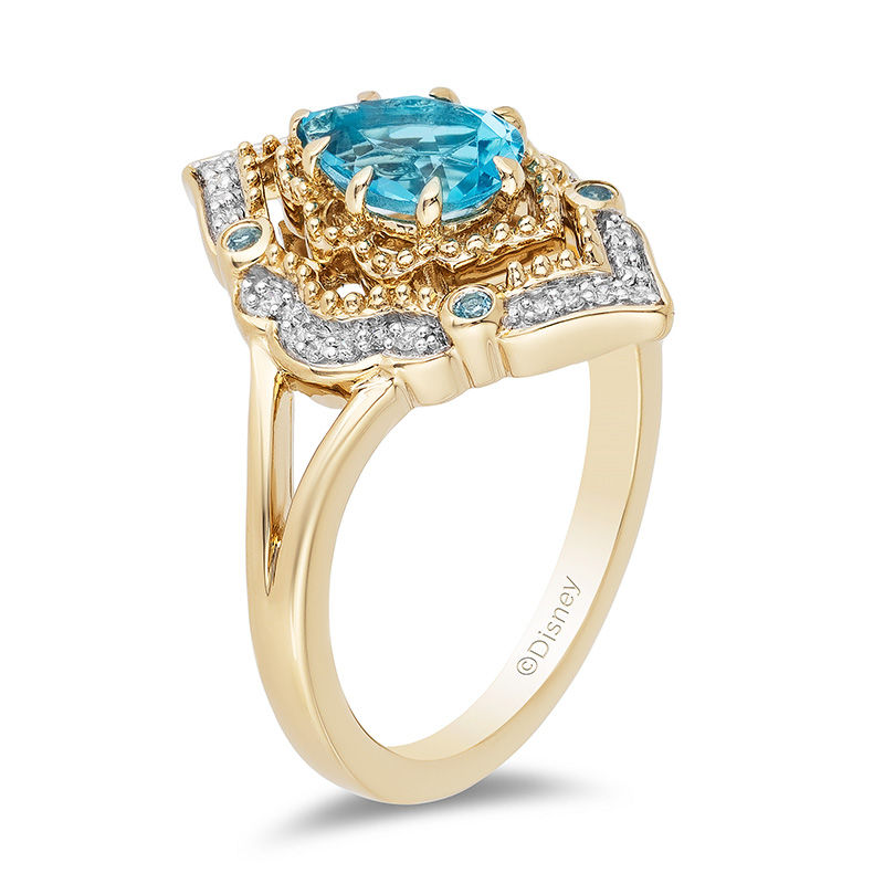 Enchanted Disney Aladdin Pear-Shaped Swiss Blue Topaz and 0.089 CT. T.W. Diamond Arabesque Frame Ring in 10K Gold