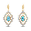 Thumbnail Image 0 of Enchanted Disney Aladdin Pear-Shaped Swiss Blue Topaz and 0.16 CT. T.W. Diamond Arabesque Frame Earrings in 10K Gold