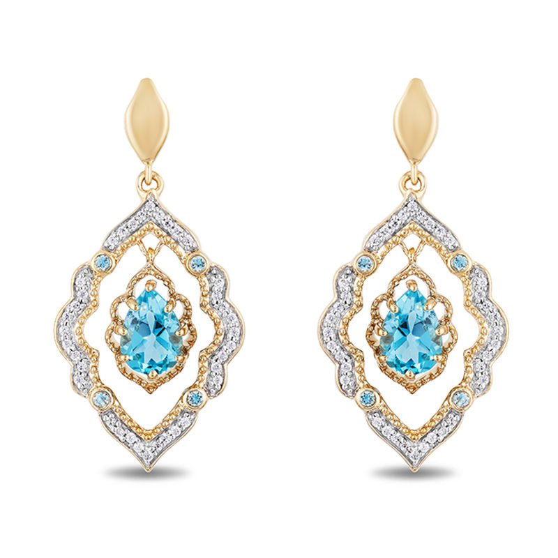 Enchanted Disney Aladdin Pear-Shaped Swiss Blue Topaz and 0.16 CT. T.W. Diamond Arabesque Frame Earrings in 10K Gold