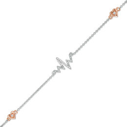 0.04 CT. T.W. Diamond Heartbeat with Hearts Station Anklet in Sterling Silver and 10K Rose Gold - 10&quot;