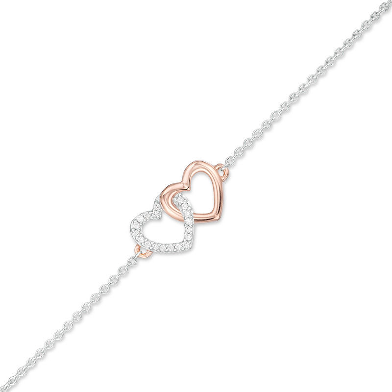 0.04 CT. T.W. Diamond Interlinking Hearts Anklet in Sterling Silver and 10K Rose Gold - 10"