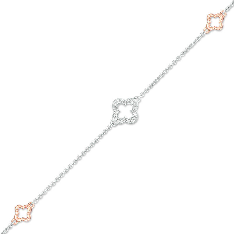 0.04 CT. T.W. Diamond Clover Outline Anklet in Sterling Silver and 10K Rose Gold - 10"