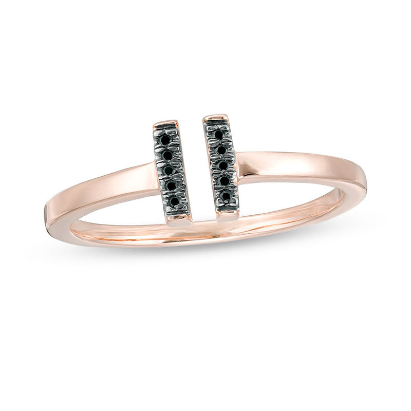 Black Diamond Accent Double Vertical Bar Open Ring in 10K Rose Gold