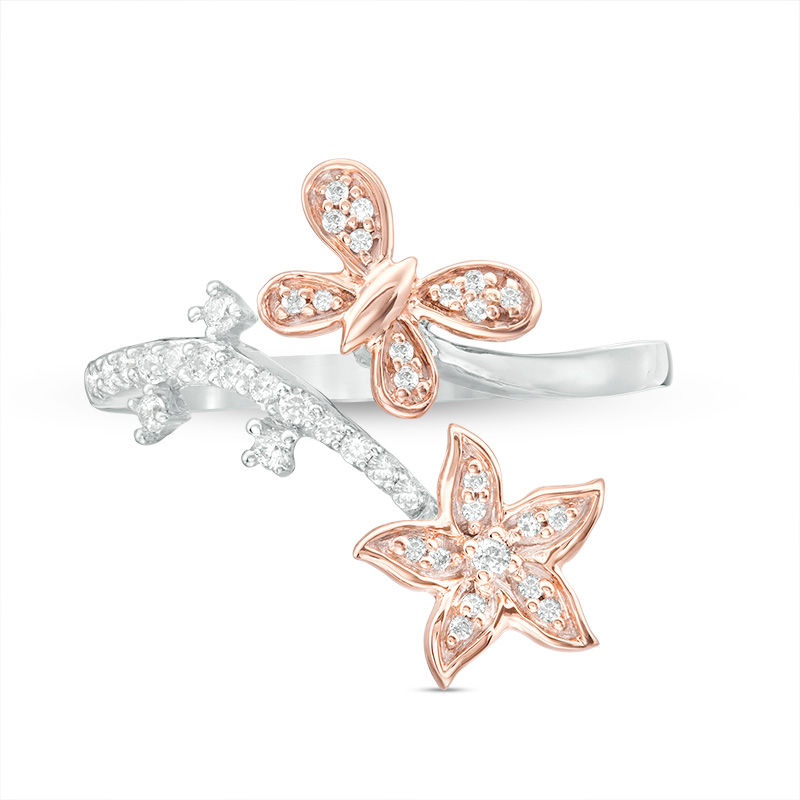 0.18 CT. T.W. Diamond Flower and Butterfly Wrap Ring in Sterling Silver and 10K Rose Gold