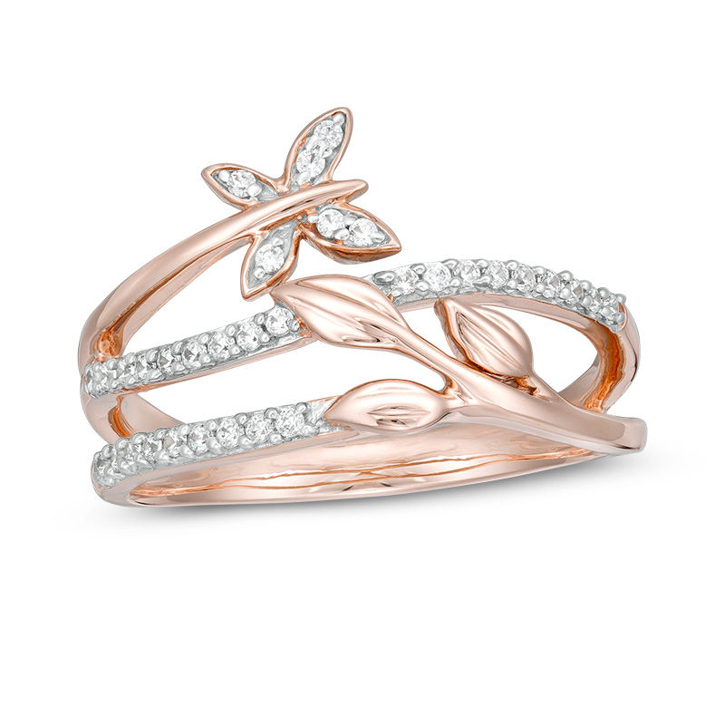 0.145 CT. T.W. Diamond Butterfly and Leaf Multi-Row Wrap Ring in 10K Rose Gold
