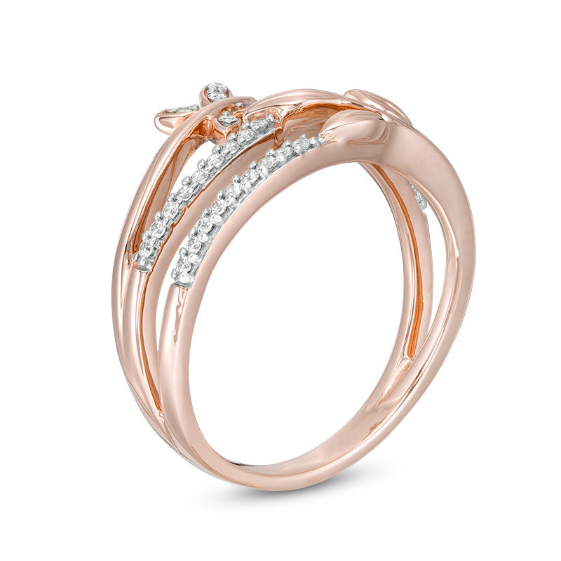 Main Image 3 of 0.145 CT. T.W. Diamond Butterfly and Leaf Multi-Row Wrap Ring in 10K Rose Gold