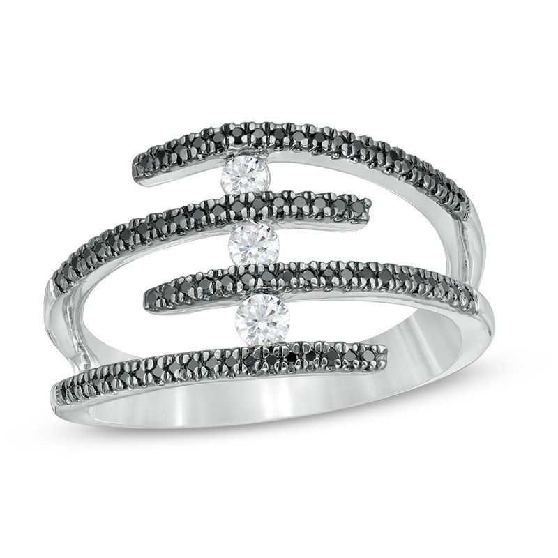 0.37 CT. T.W. Enhanced Black and White Diamond Multi-Row Open Shank Wrap Ring in Sterling Silver