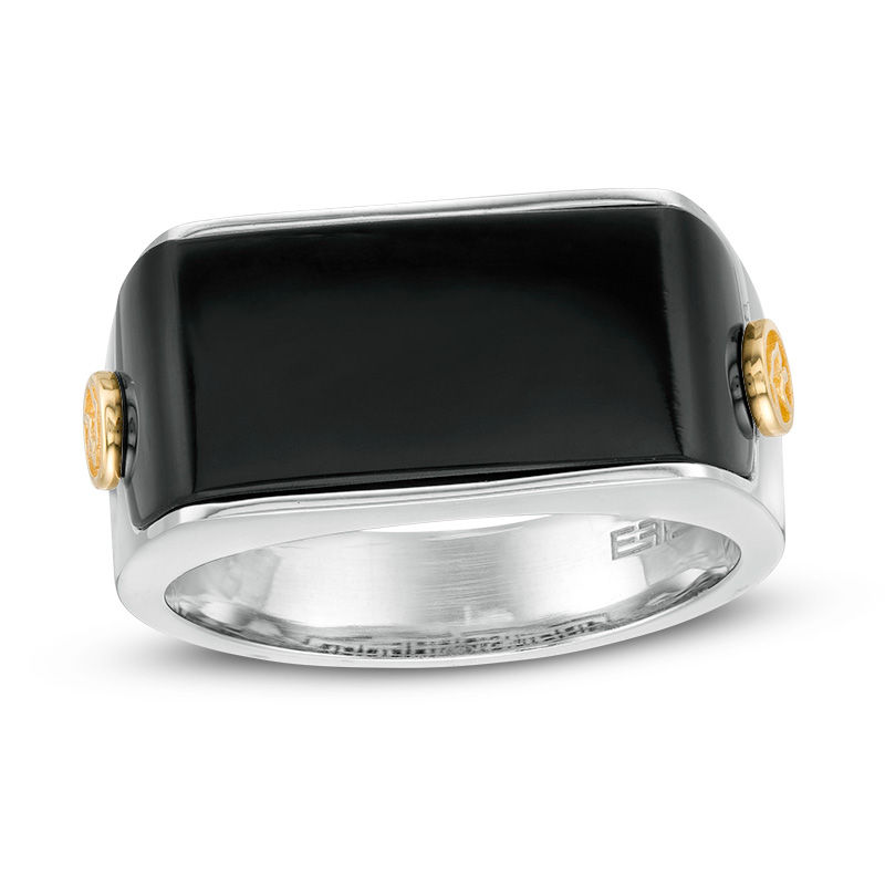 EFFY™ Collection Men's Onyx Panther Side Accent Signet Ring in Sterling Silver and 18K Gold