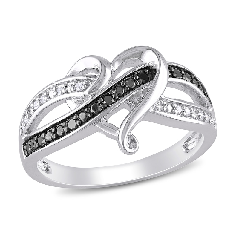 0.13 CT. T.W. Enhanced Black and White Diamond Entwined Heart Crossover Ring in Sterling Silver|Peoples Jewellers