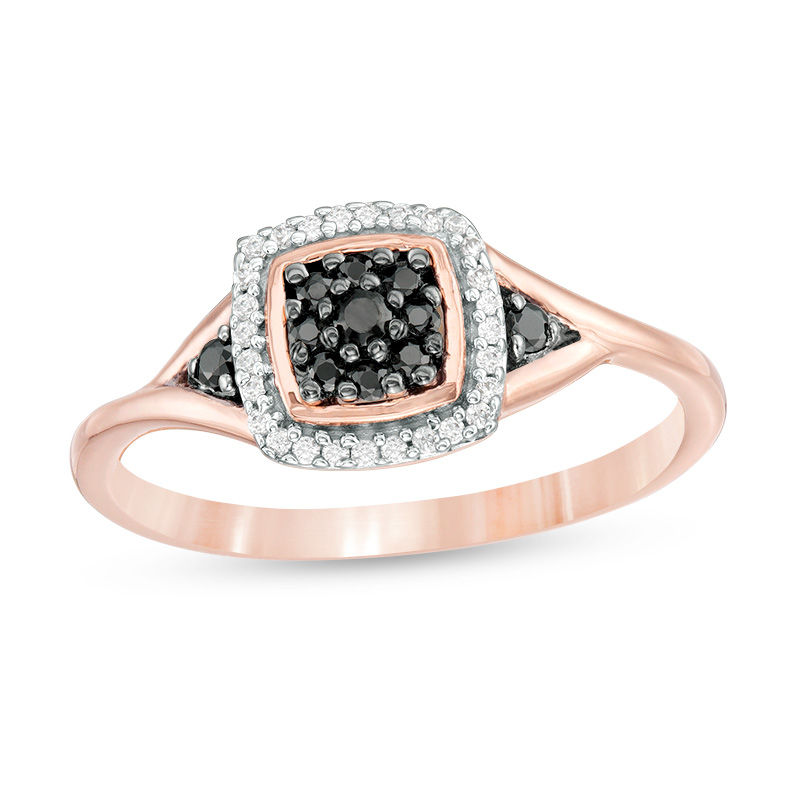 0.145 CT. T.W. Enhanced Black Composite and White Diamond Cushion Frame Ring in 10K Rose Gold