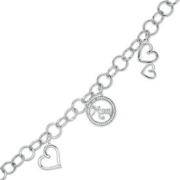 0.11 CT. T.W. Diamond &quot;Mom&quot; and Heart Charm Bracelet in Sterling Silver