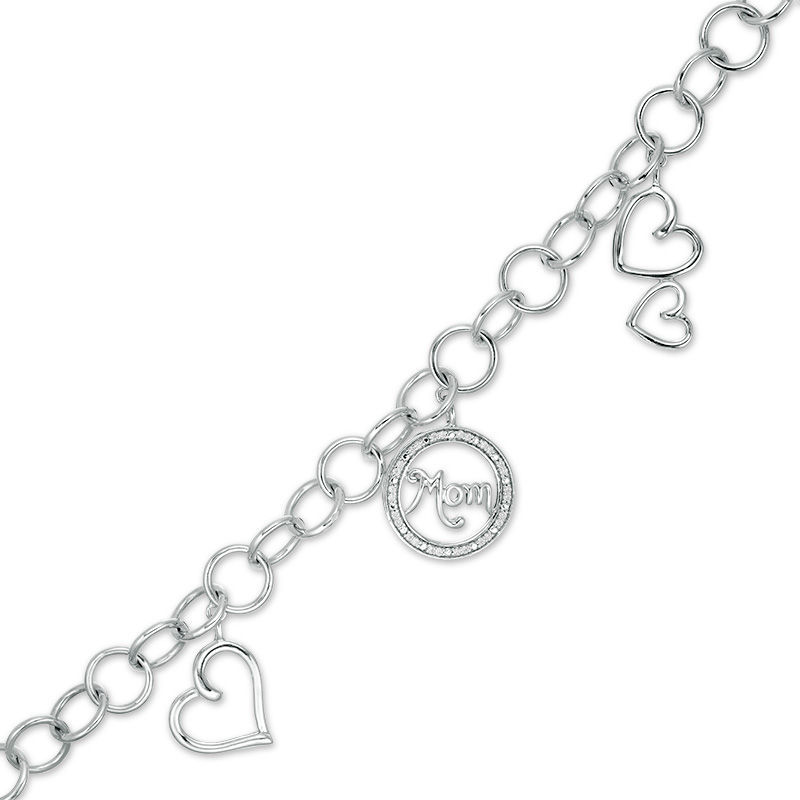 0.11 CT. T.W. Diamond "Mom" and Heart Charm Bracelet in Sterling Silver