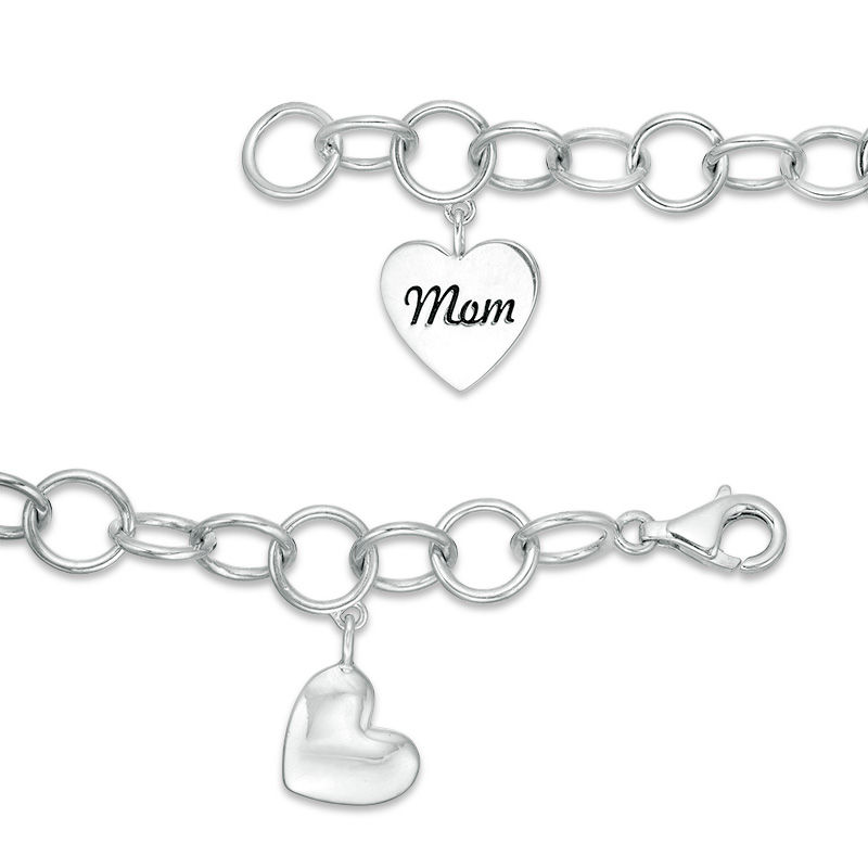 0.11 CT. T.W. Diamond "Mom" and Heart Charm Bracelet in Sterling Silver