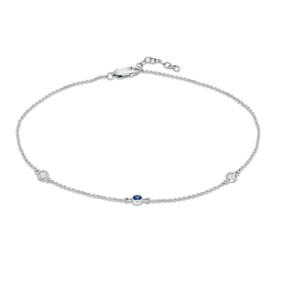 Bezel-Set Lab-Created Blue Sapphire Three Stone Station Anklet in Sterling Silver