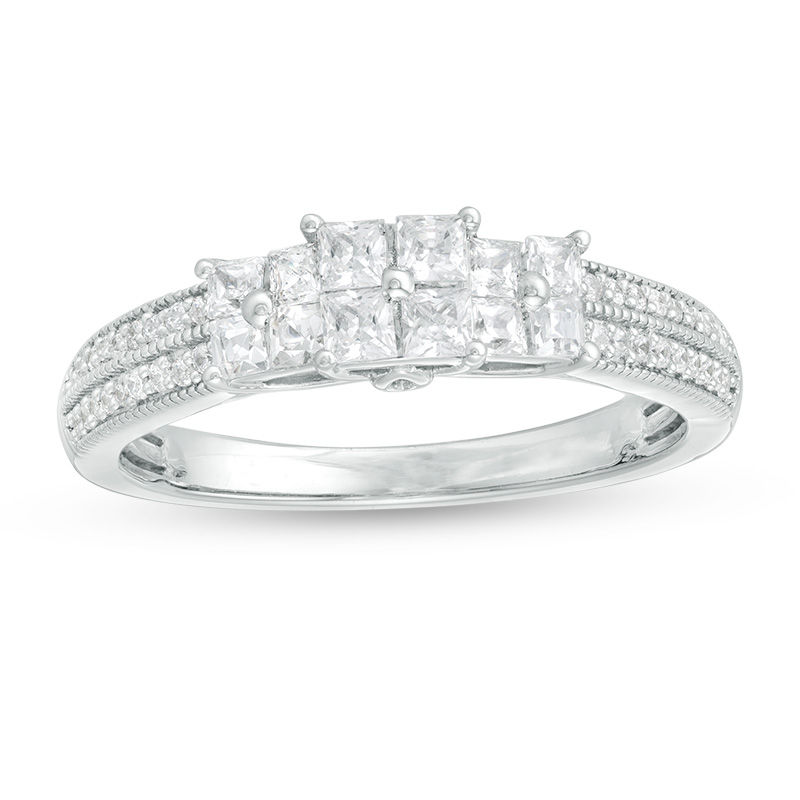 0.45 CT. T.W. Princess-Cut Quad Diamond Three Stone Double Row Engagement Ring in 10K White Gold
