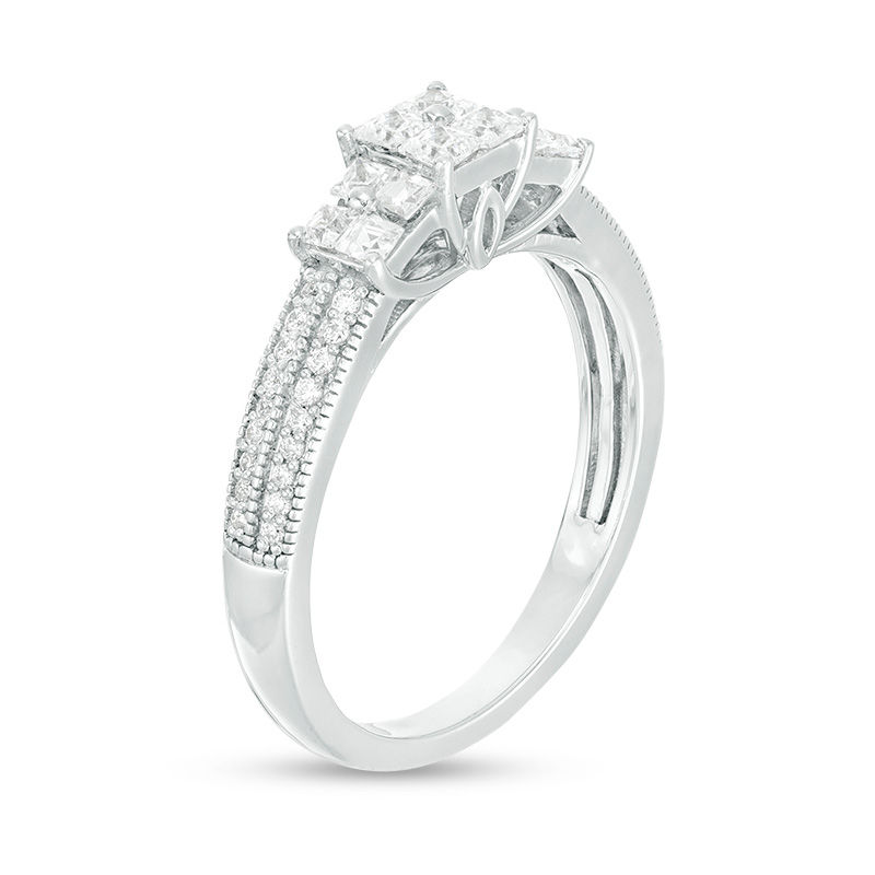 0.45 CT. T.W. Princess-Cut Quad Diamond Three Stone Double Row Engagement Ring in 10K White Gold