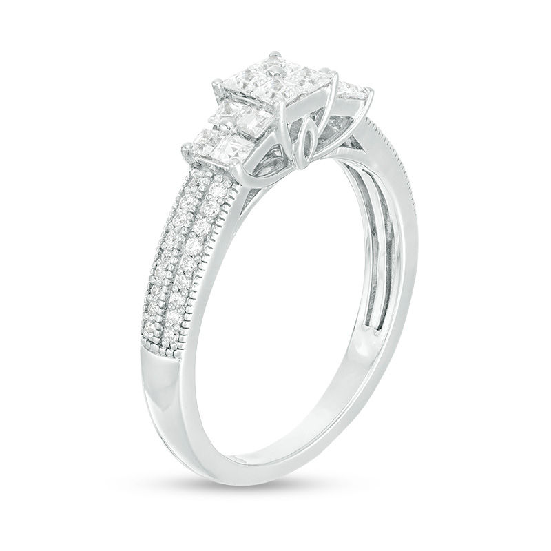 Main Image 3 of 0.45 CT. T.W. Princess-Cut Quad Diamond Three Stone Double Row Engagement Ring in 10K White Gold
