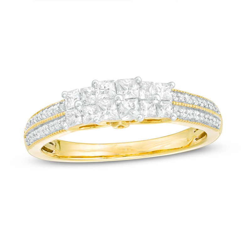 0.45 CT. T.W. Princess-Cut Quad Diamond Three Stone Double Row Engagement Ring in 10K Gold