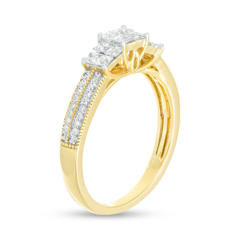 0.45 CT. T.W. Princess-Cut Quad Diamond Three Stone Double Row Engagement Ring in 10K Gold