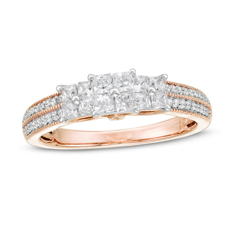 0.45 CT. T.W. Princess-Cut Quad Diamond Three Stone Double Row Engagement Ring in 10K Rose Gold|Peoples Jewellers