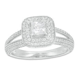 0.95 CT. T.W. Princess-Cut Diamond Double Cushion Frame Vintage-Style Engagement Ring in 14K White Gold