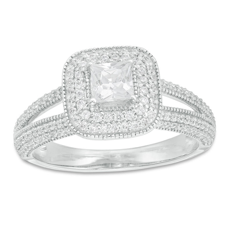0.95 CT. T.W. Princess-Cut Diamond Double Cushion Frame Vintage-Style Engagement Ring in 14K White Gold