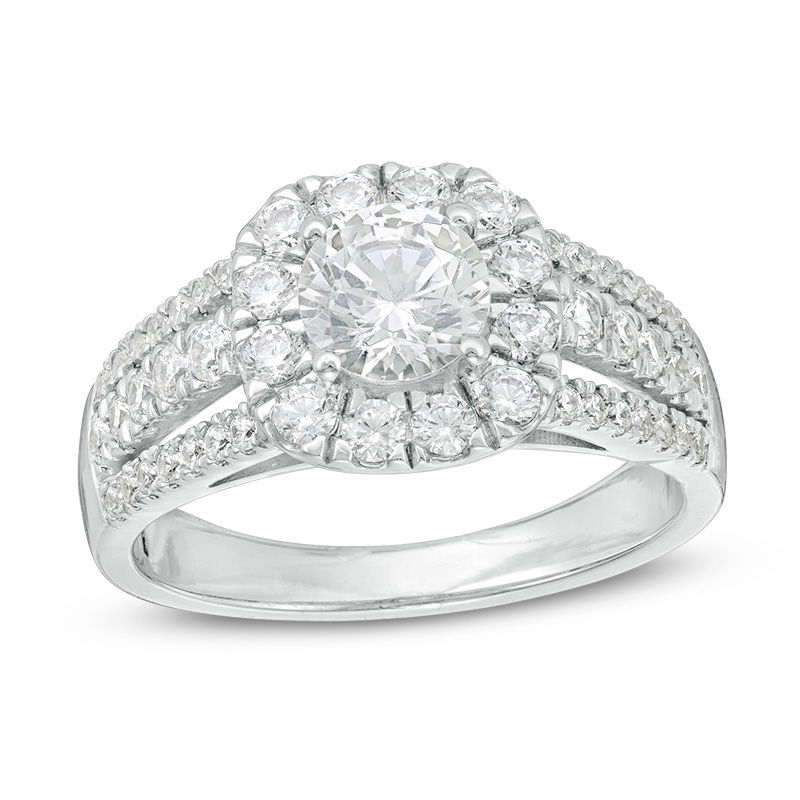 1.45 CT. T.W. Diamond Cushion Frame Multi-Row Engagement Ring in 14K White Gold|Peoples Jewellers