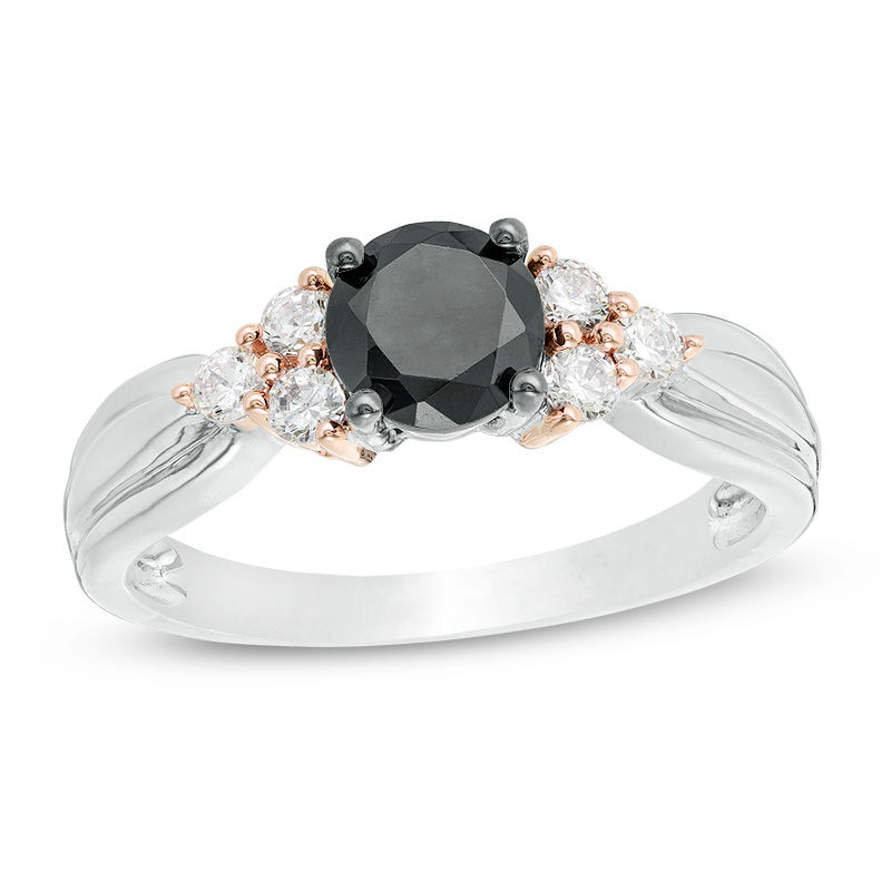 0.95 CT. T.W. Enhanced Black and White Diamond Tri-Sides Engagement Ring in 10K Two-Tone Gold