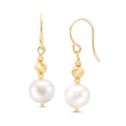 IMPERIAL® 7.0-7.5mm Cultured Freshwater Pearl and Diamond-Cut Bead Drop Earrings in 14K Gold