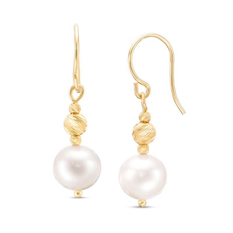 IMPERIAL® 7.0-7.5mm Cultured Freshwater Pearl and Diamond-Cut Bead Drop Earrings in 14K Gold|Peoples Jewellers