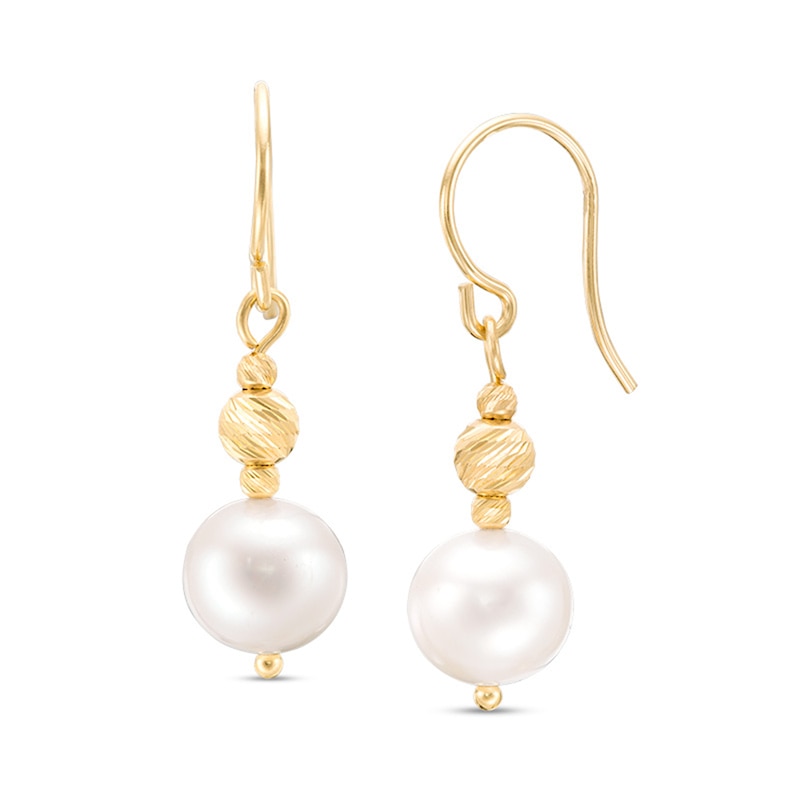 Main Image 1 of IMPERIAL® 7.0-7.5mm Freshwater Cultured Pearl and Diamond-Cut Bead Drop Earrings in 14K Gold