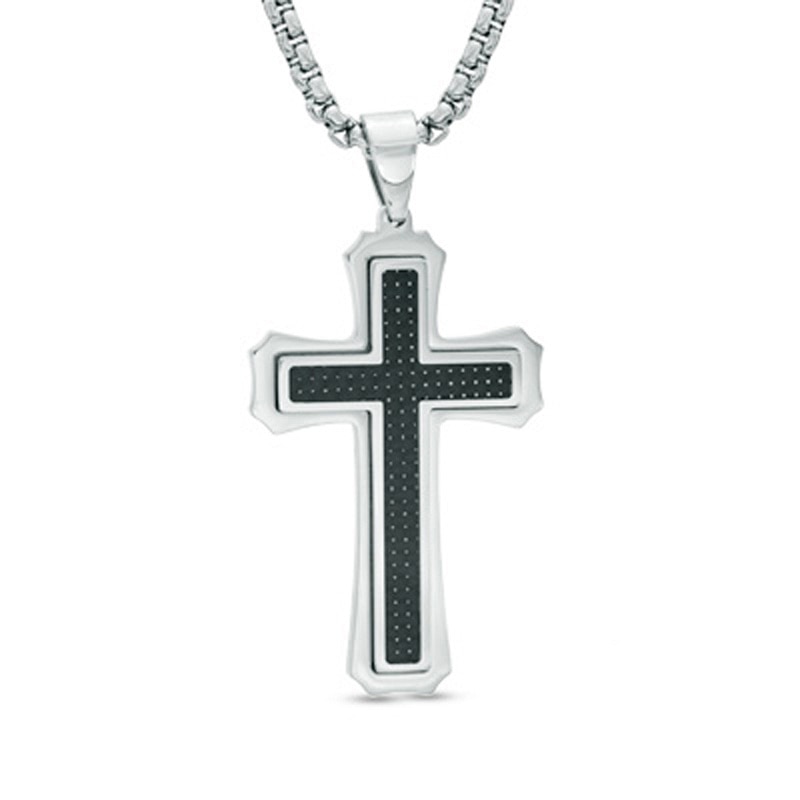 Men's Carbon Fiber Raised Cross Pendant in Stainless Steel - 24"|Peoples Jewellers